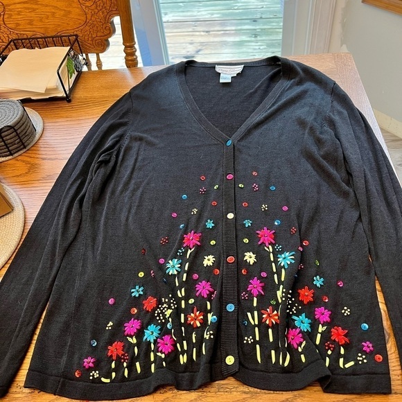 Diane Gilman Sweaters - Womans plus light weight cardigan sweater w/ ribbon flowers by Diane Gilman